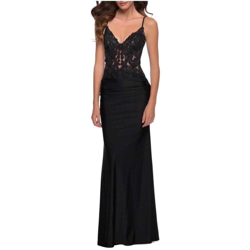 La Femme NWT Plunging V Sheer Lace Bodice Sheath Dress 8